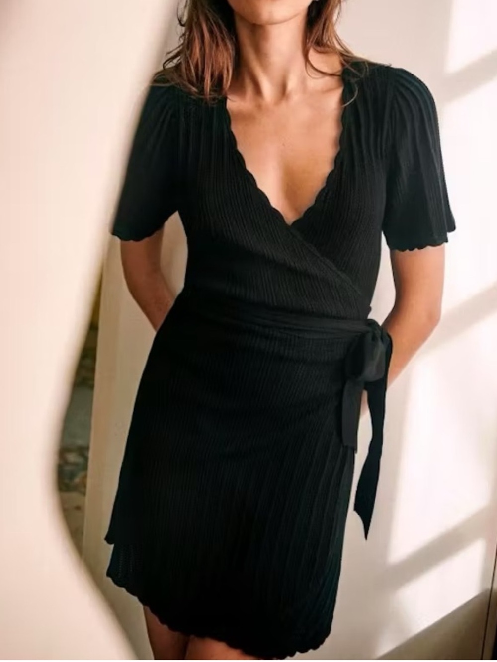 SEZANE Luisa Dress Robe Wrap Scalloped Knit Sweater in Black Size Medium